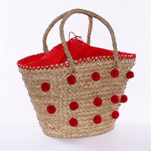 Borsa in fibre naturali con pompon rossi 53XH30